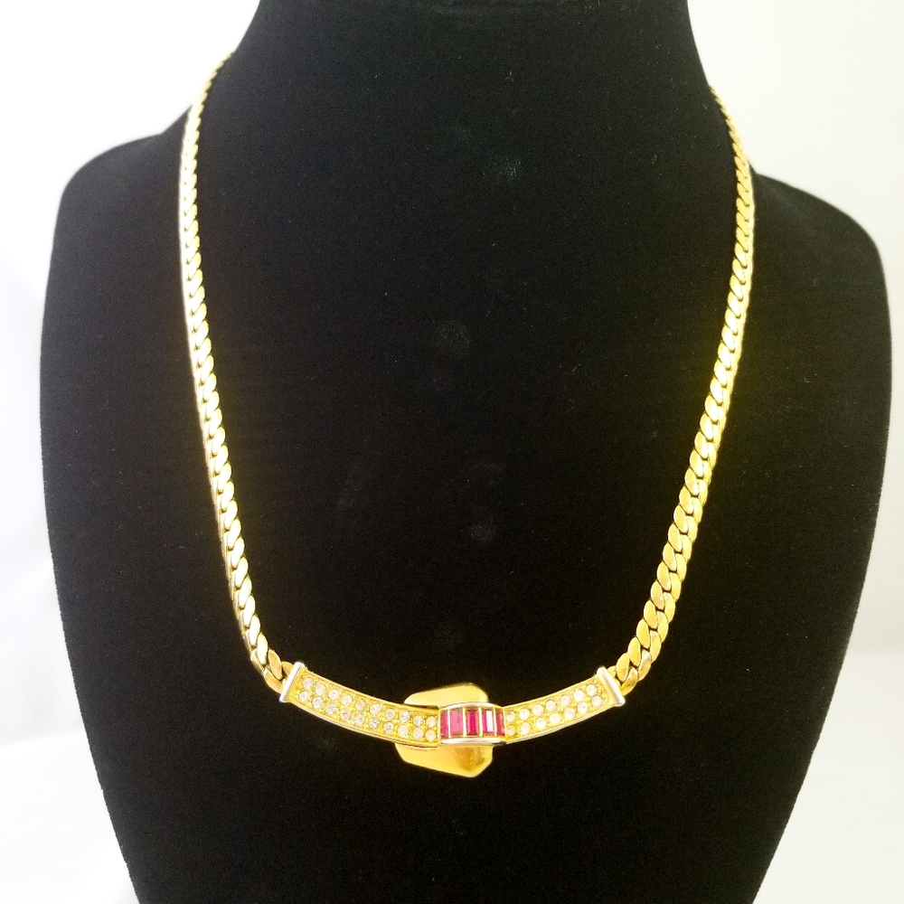 Vtg Gold Tone Clear Red Rhinestone Dior Necklace